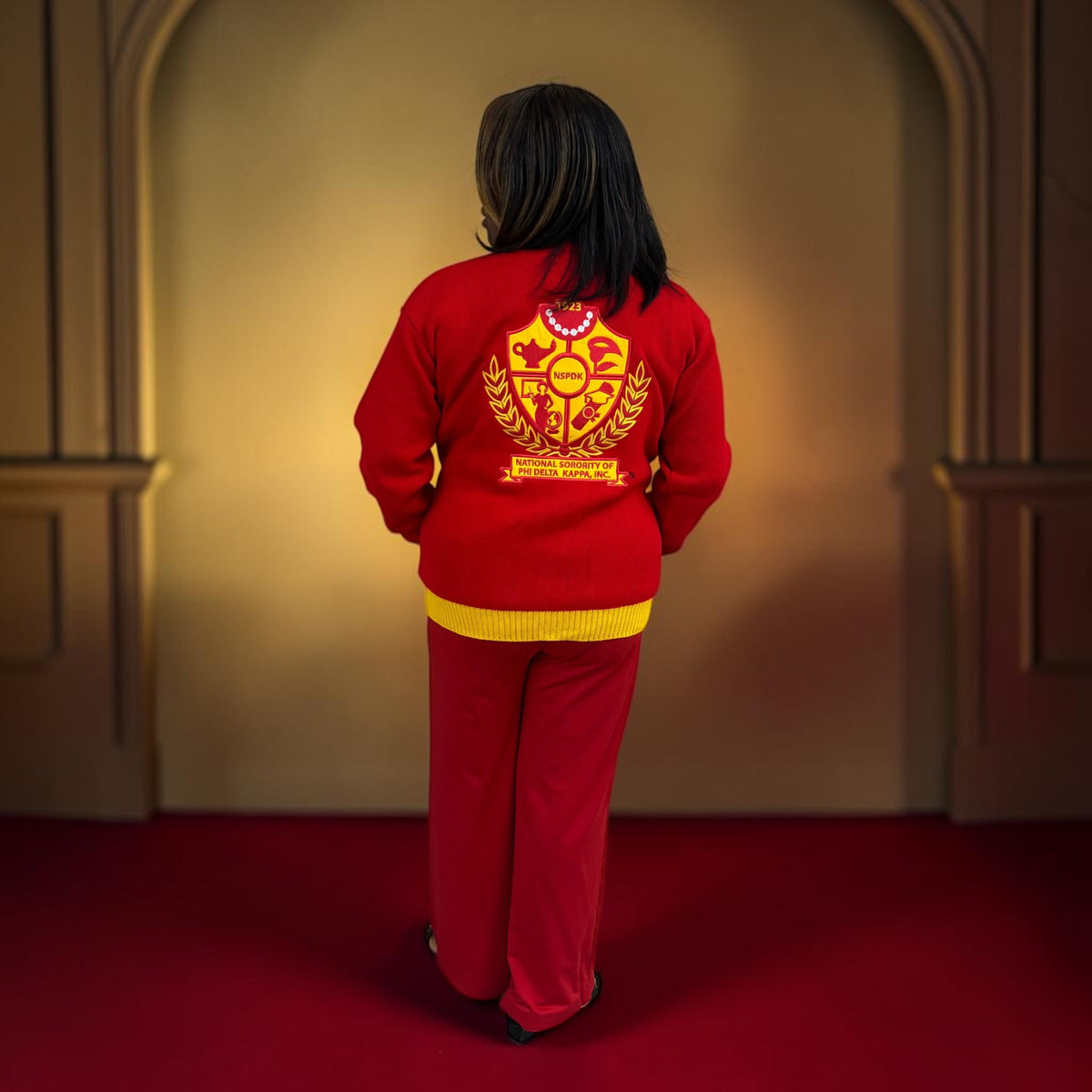 Red & Gold Cardigan, "1923" Pocket