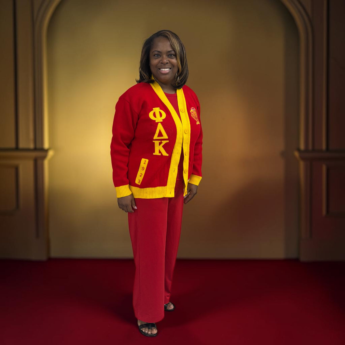Red & Gold Cardigan, "1923" Pocket