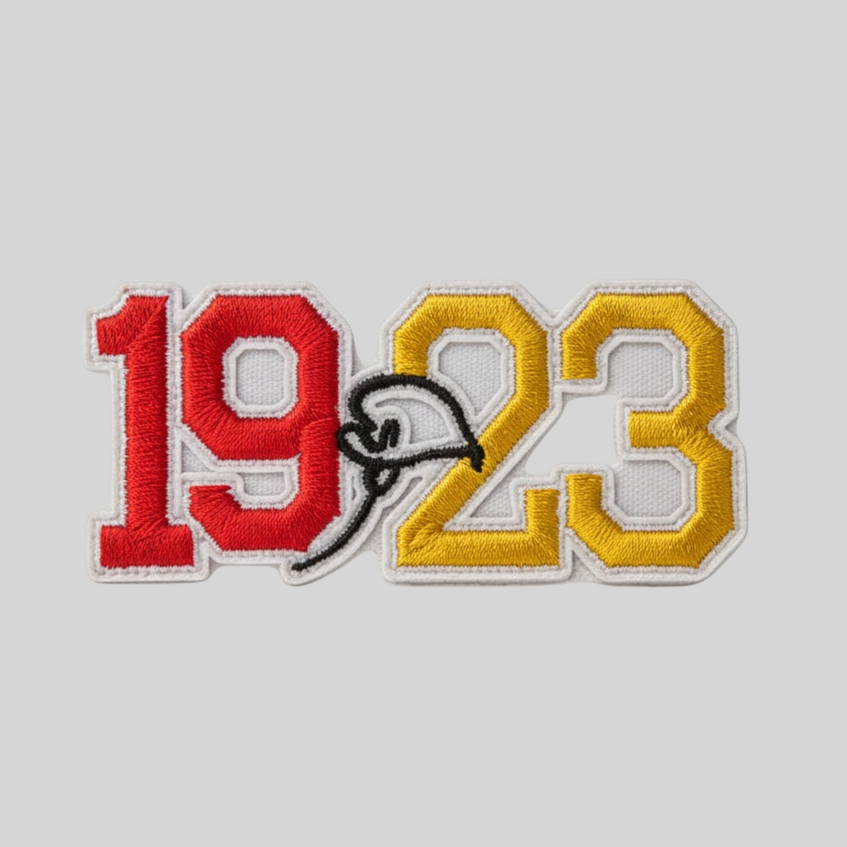 Pat Goffe Collections embroidered 1923 patch featuring red and gold numbers with a black calla lily design