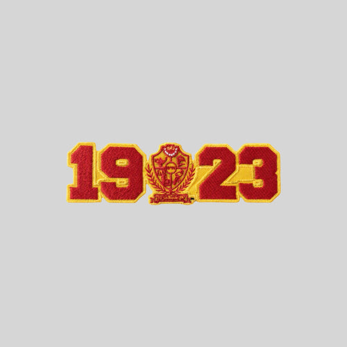 Pat Goffe Collections 1923 crest embroidered patch in red and gold with detailed sorority emblem in the center