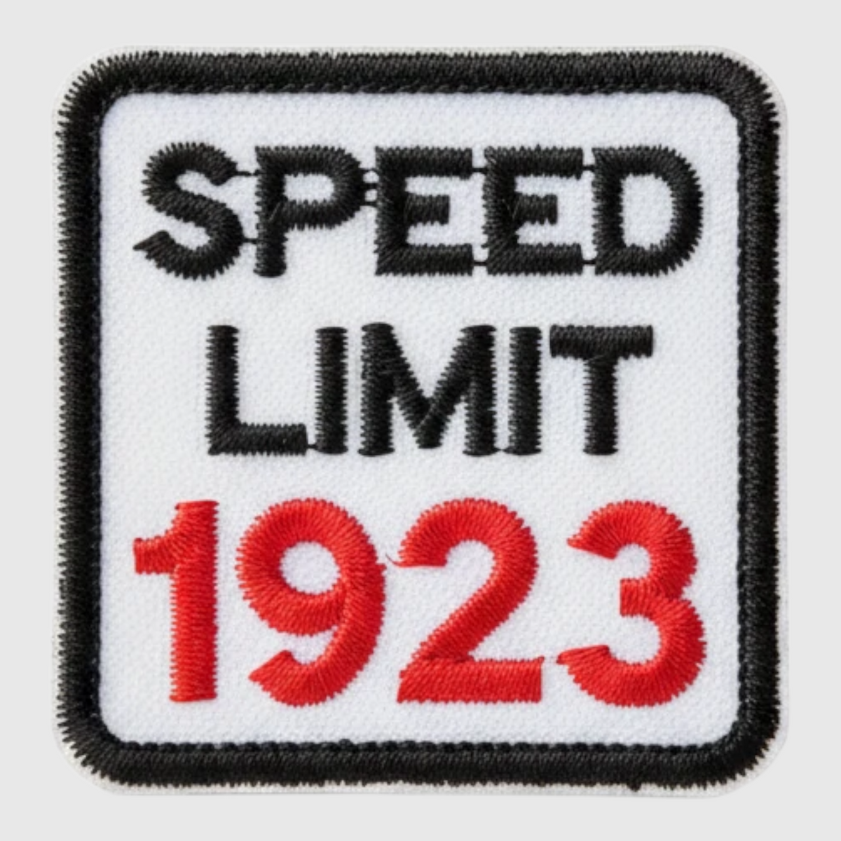 Pat Goffe Collections square embroidered patch featuring black text SPEED LIMIT and red 1923 on a white background.