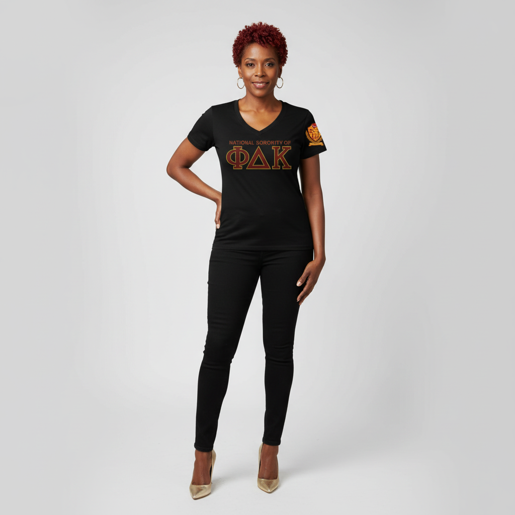 Pat Goffe Collections black v-neck t-shirt with rhinestone ΦΔΚ lettering and a printed shield on the sleeve.