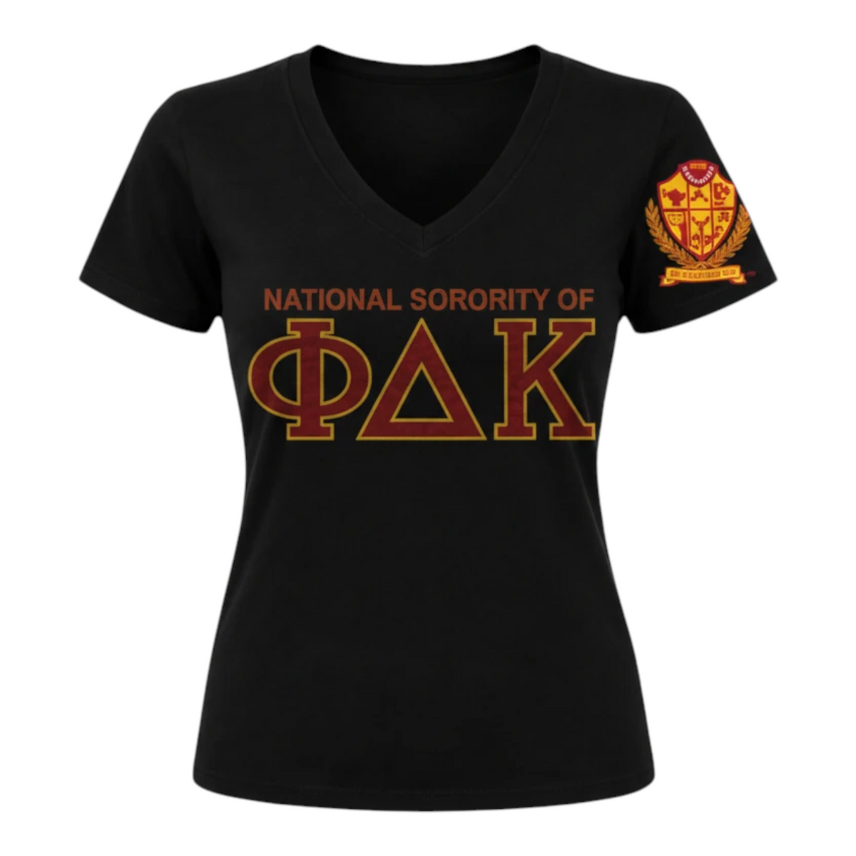Pat Goffe Collections black v-neck t-shirt with rhinestone ΦΔΚ lettering and a printed sorority shield on the sleeve.