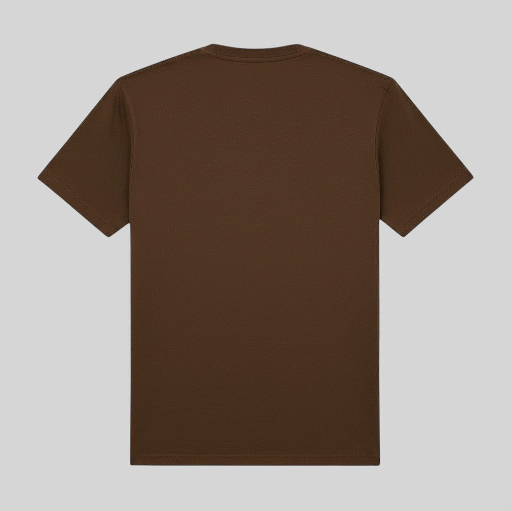 Back view of a plain brown Pat Goffe Collections short sleeve crewneck t-shirt made from soft breathable fabric.