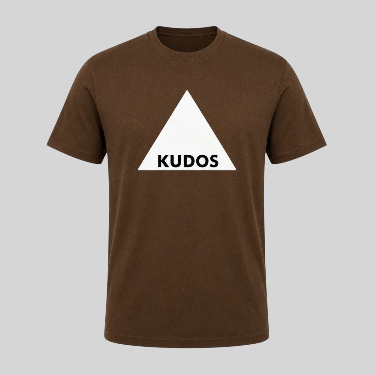 Pat Goffe Collections brown crewneck t-shirt featuring a white triangle graphic with the word KUDOS on the chest