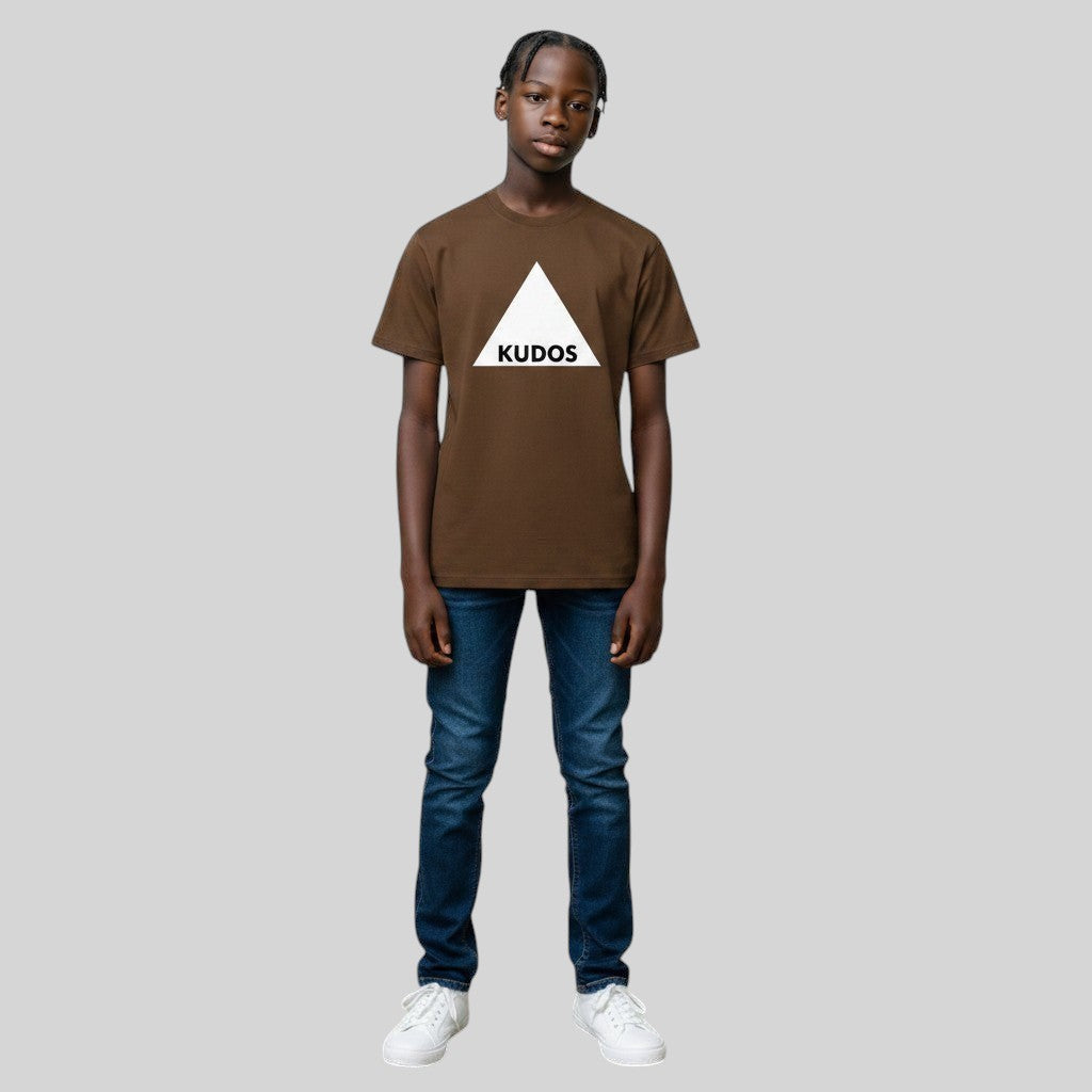 Pat Goffe Collections brown crewneck t-shirt with a white triangle graphic and KUDOS text worn by a young man.