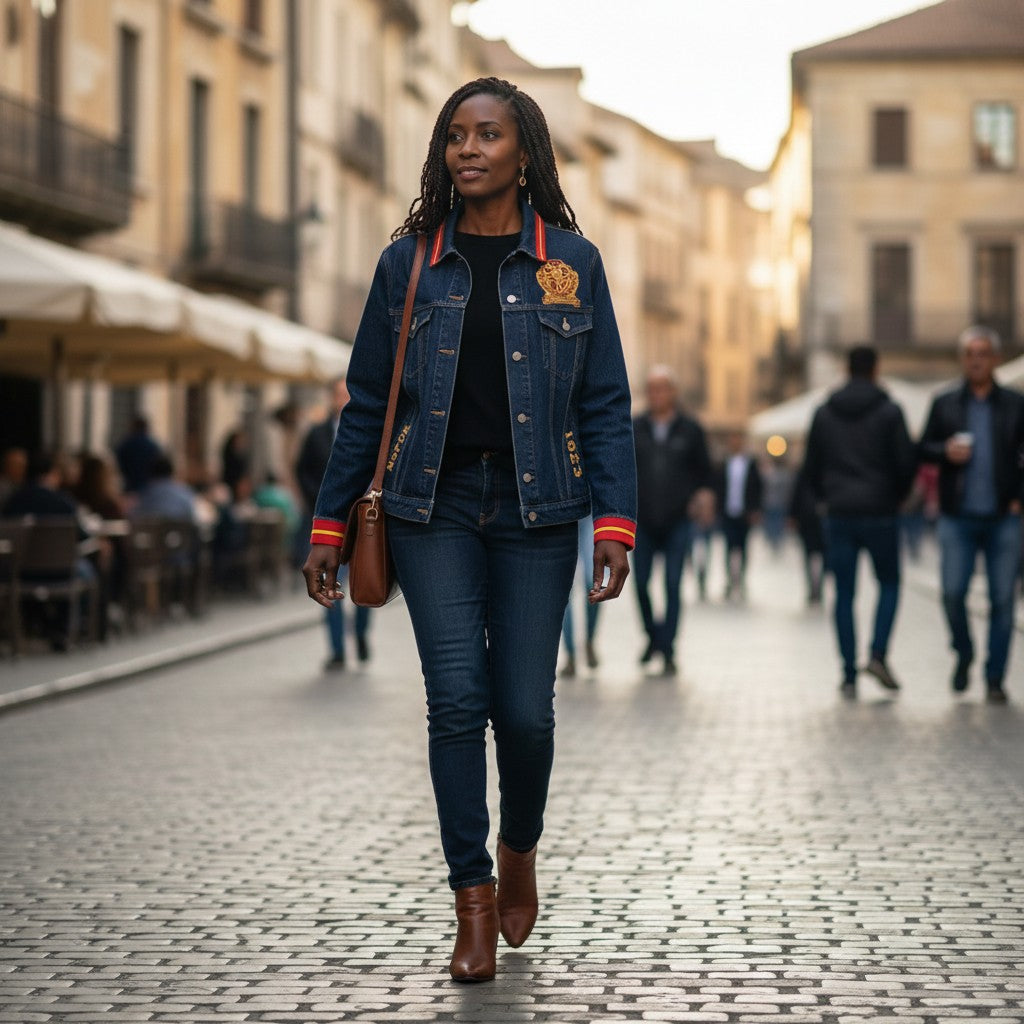 Pat Goffe Collections denim jacket with embroidered crests, red and gold striped trim, worn by a woman on a city street