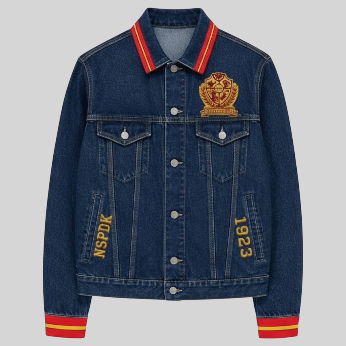 Pat Goffe Collections denim jacket with red and gold striped collar, embroidered crests, and NSPDK 1923 lettering.