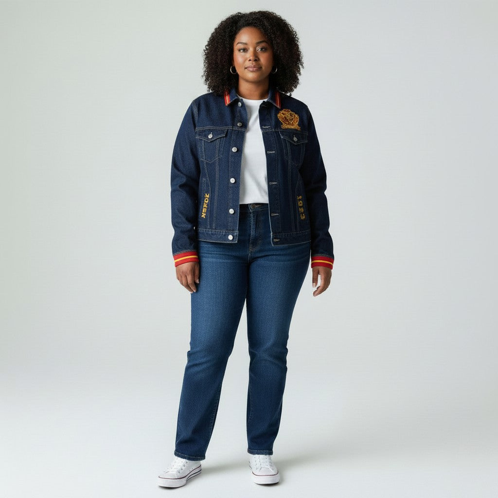 Pat Goffe Collections dark denim jacket with red and gold striped trim, embroidered crests, and NSPDK 1923 lettering.