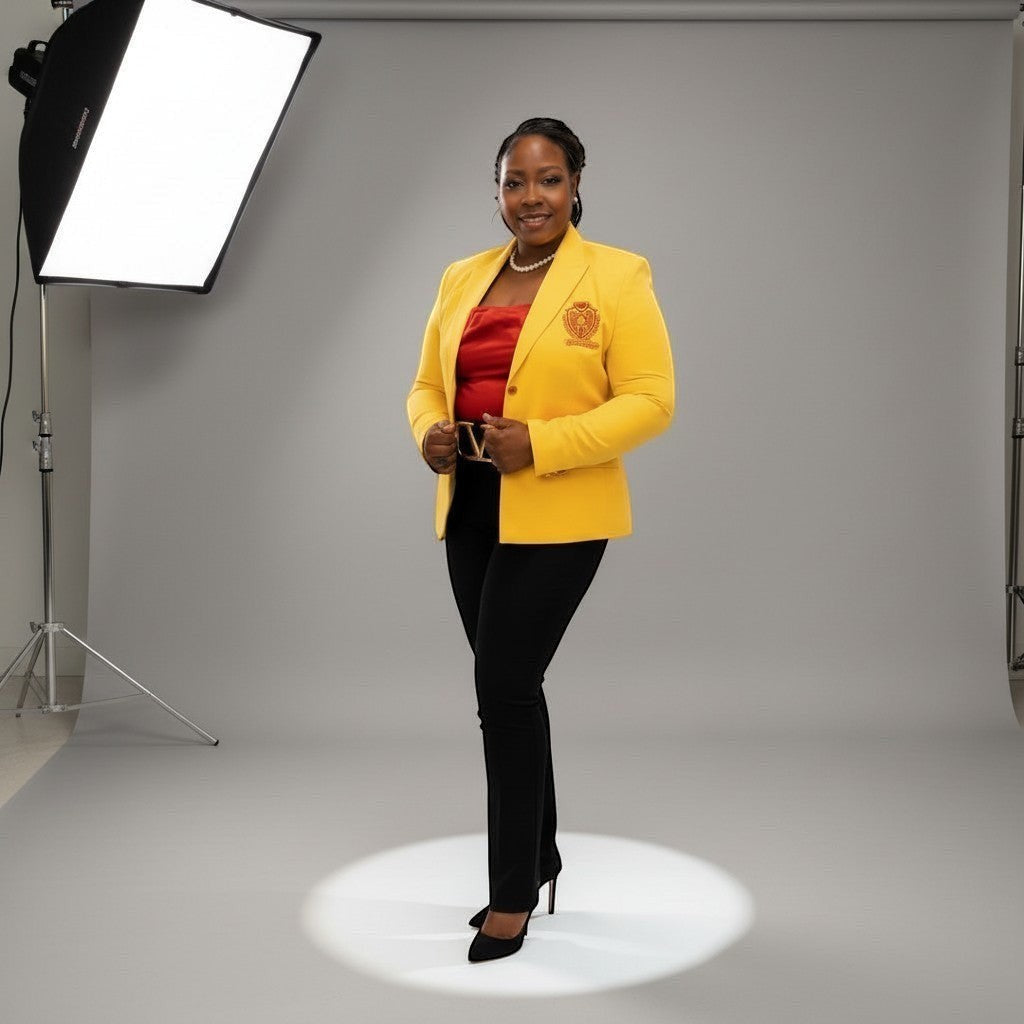 Pat Goffe Collections gold tailored blazer with embroidered crest and custom buttons worn by a woman in a studio