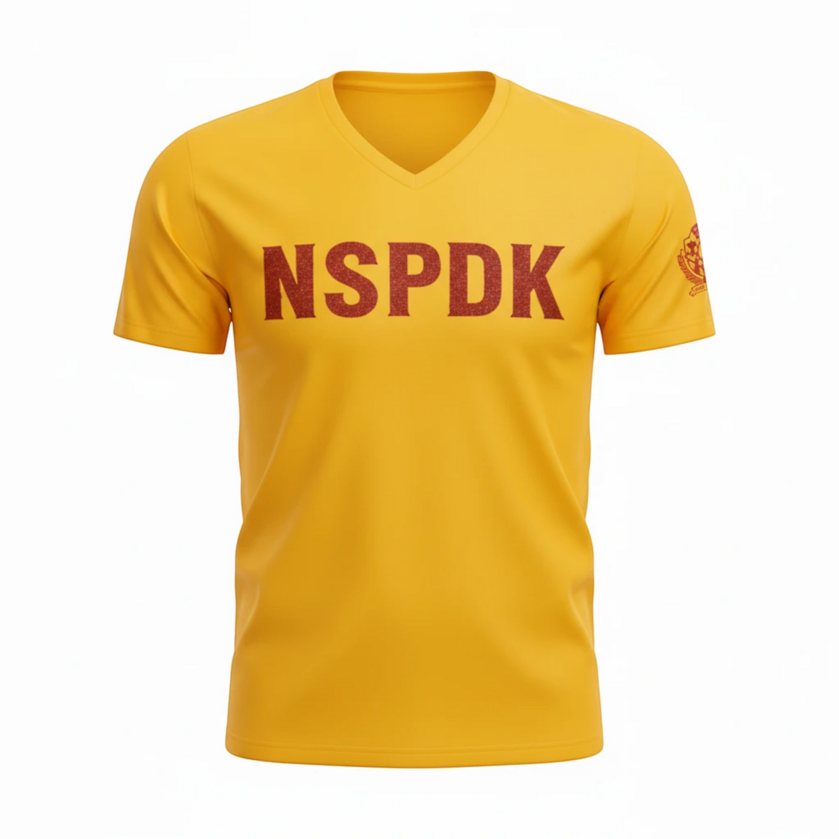 Pat Goffe Collections gold v-neck t-shirt featuring glitter NSPDK lettering with rhinestone accents and sleeve shield