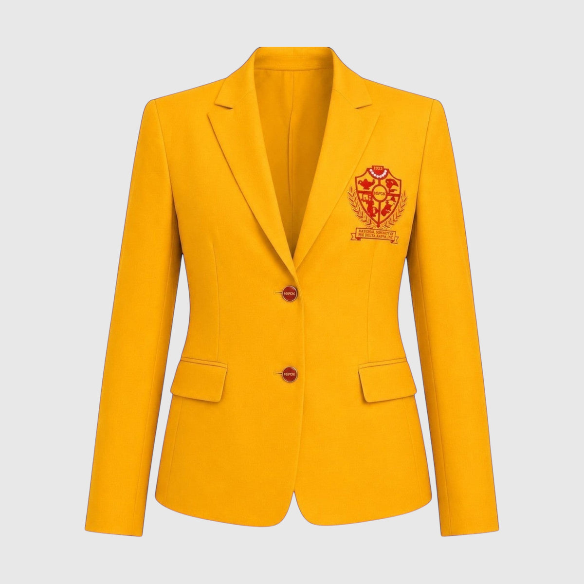 Pat Goffe Collections gold tailored blazer with embroidered NSPDK crest and custom buttons