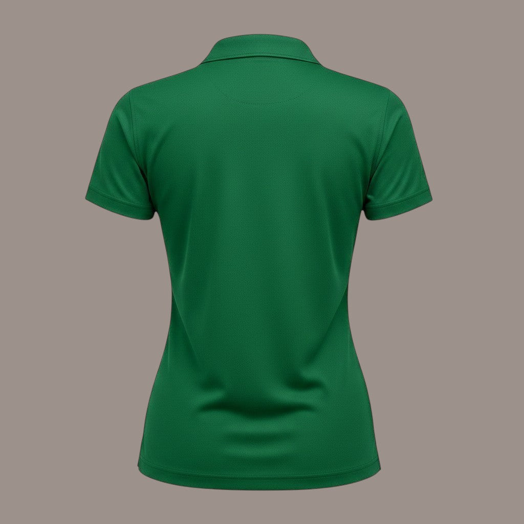 Back view of a Pat Goffe Collections women's short sleeve green performance polo shirt in moisture-wicking fabric.
