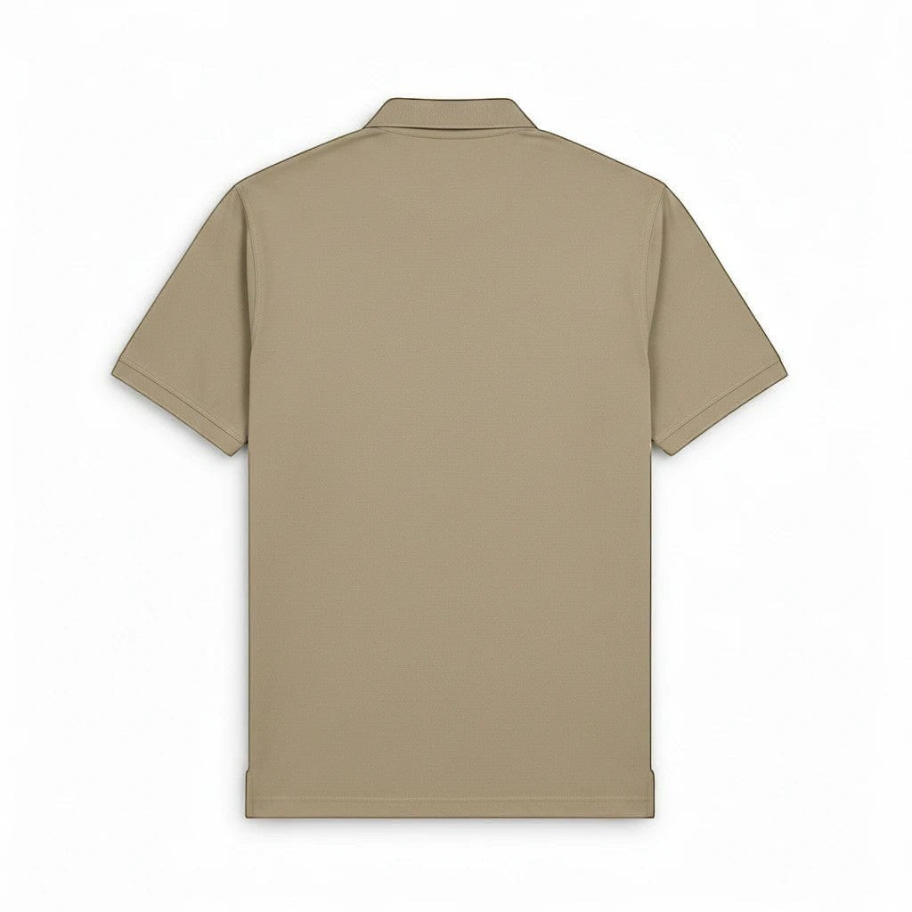 Back view of a Pat Goffe Collections khaki short sleeve polo shirt featuring a structured collar and breathable fabric.