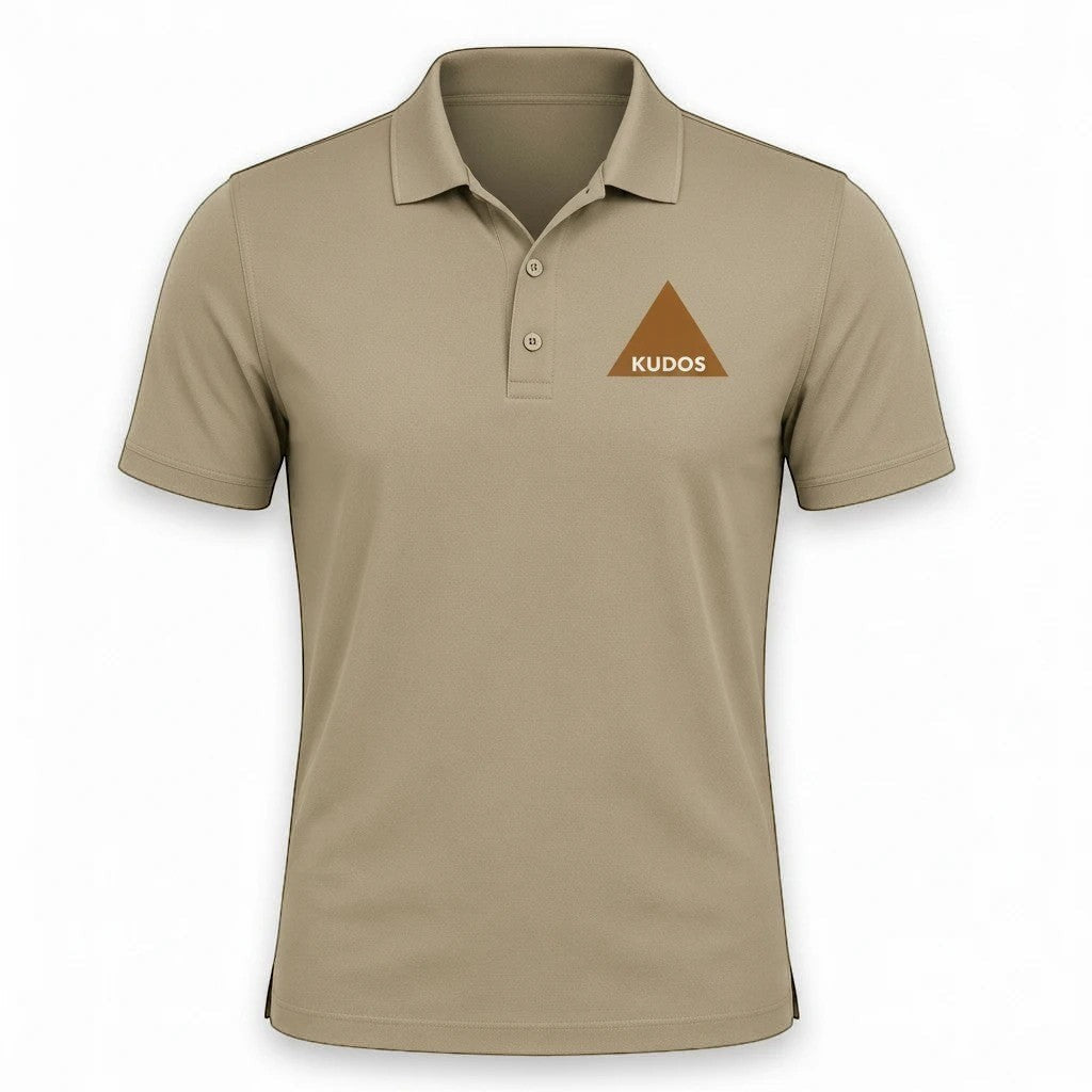 Pat Goffe Collections khaki short sleeve polo shirt with a structured collar, three-button placket, and KUDOS logo.