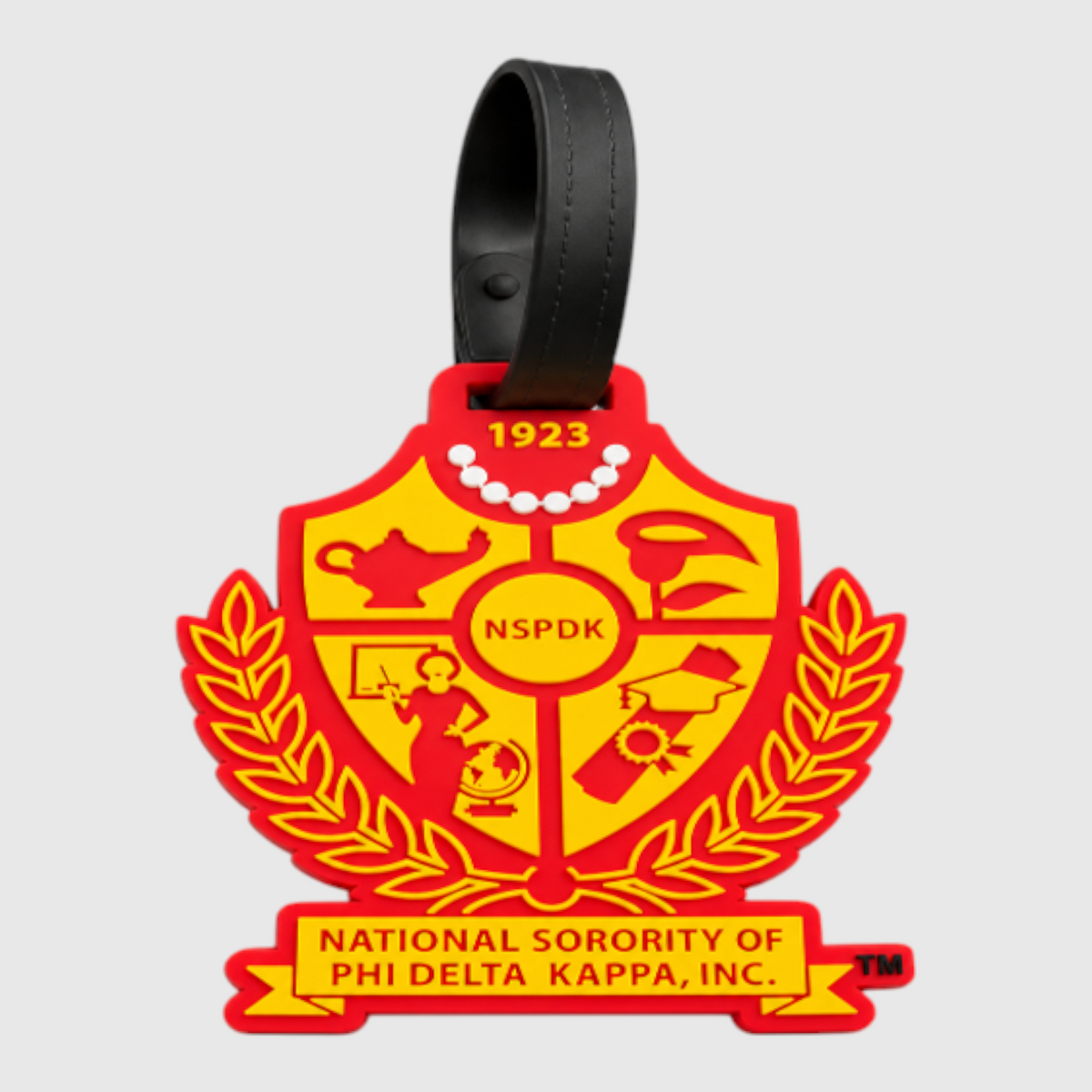 Pat Goffe Collections red and yellow National Sorority of Phi Delta Kappa luggage tag with black strap