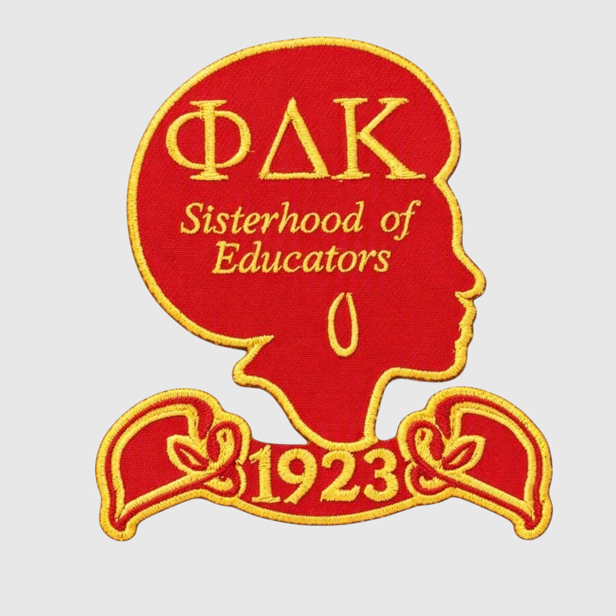 Pat Goffe Collections red and gold embroidered NSΦΔΚ Sisterhood of Educators patch with 1923 banner design