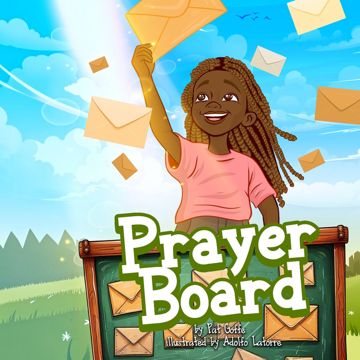 Pat Goffe Collections Prayer Board book cover featuring a young girl reaching for floating envelopes in a blue sky.