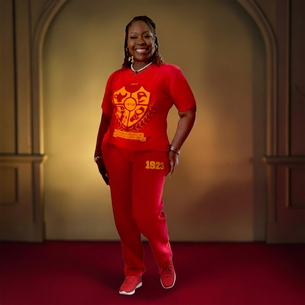 Pat Goffe Collections red chenille t-shirt with gold shield embroidery worn by a smiling woman in a studio setting