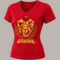 Pat Goffe Collections red V-neck chenille tee featuring a yellow embroidered National Sorority of Phi Beta Kappa shield