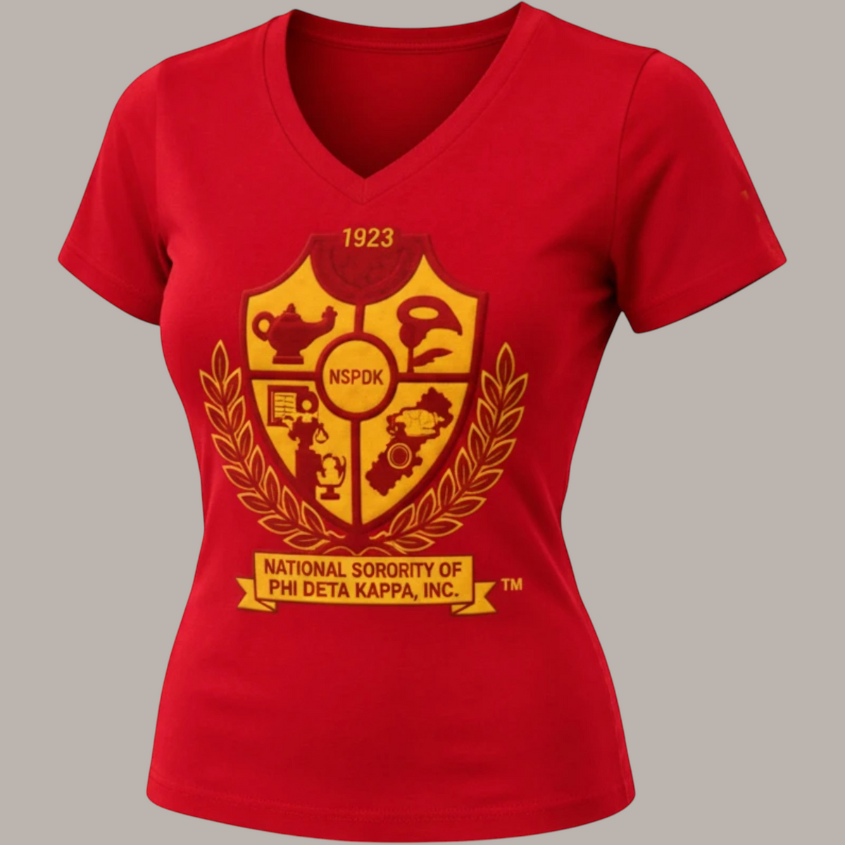 Pat Goffe Collections red V-neck chenille tee featuring a yellow embroidered National Sorority of Phi Beta Kappa shield