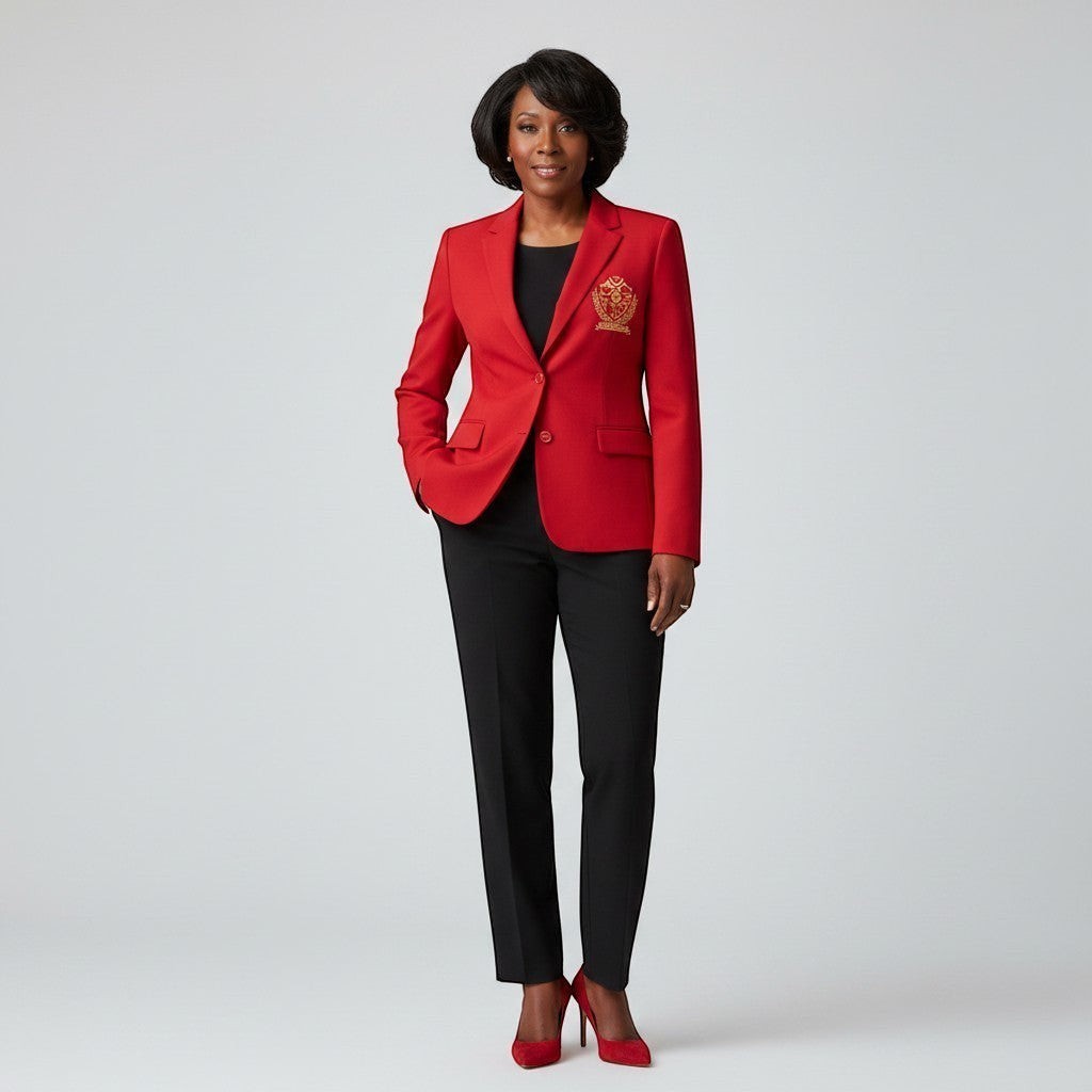 Pat Goffe Collections red tailored blazer with gold NSPDK crest embroidery and custom buttons worn by a woman