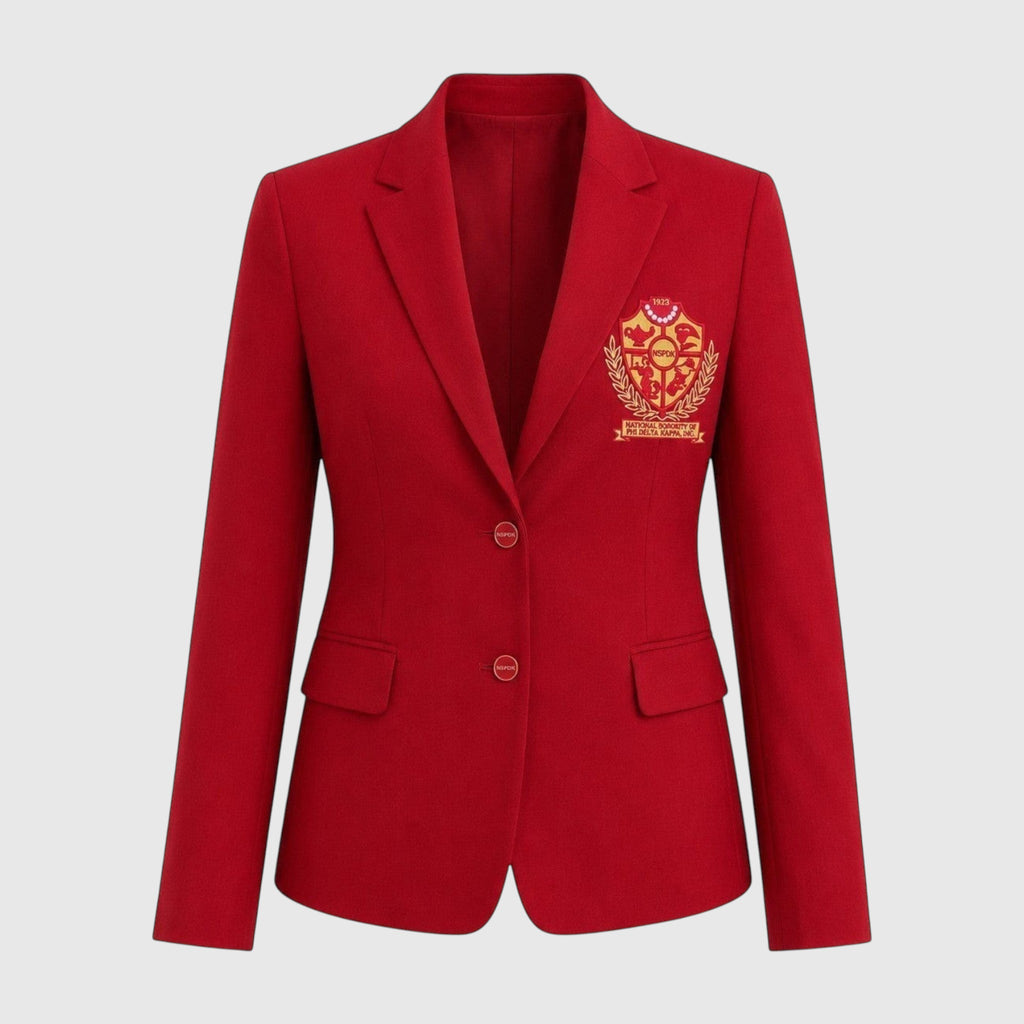 Pat Goffe Collections red tailored blazer featuring an embroidered NSPDK crest and custom branded buttons.