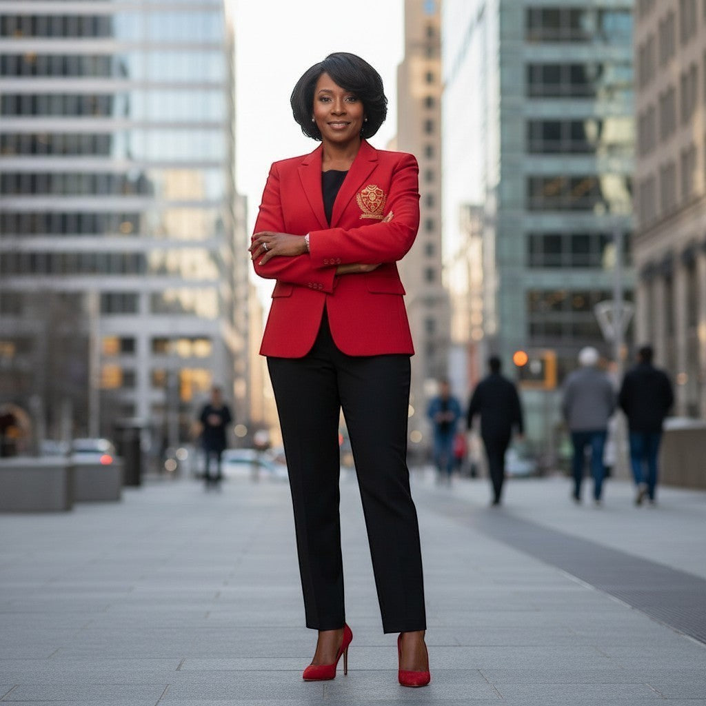 Pat Goffe Collections red tailored blazer with gold crest embroidery and custom buttons worn by a woman in the city.