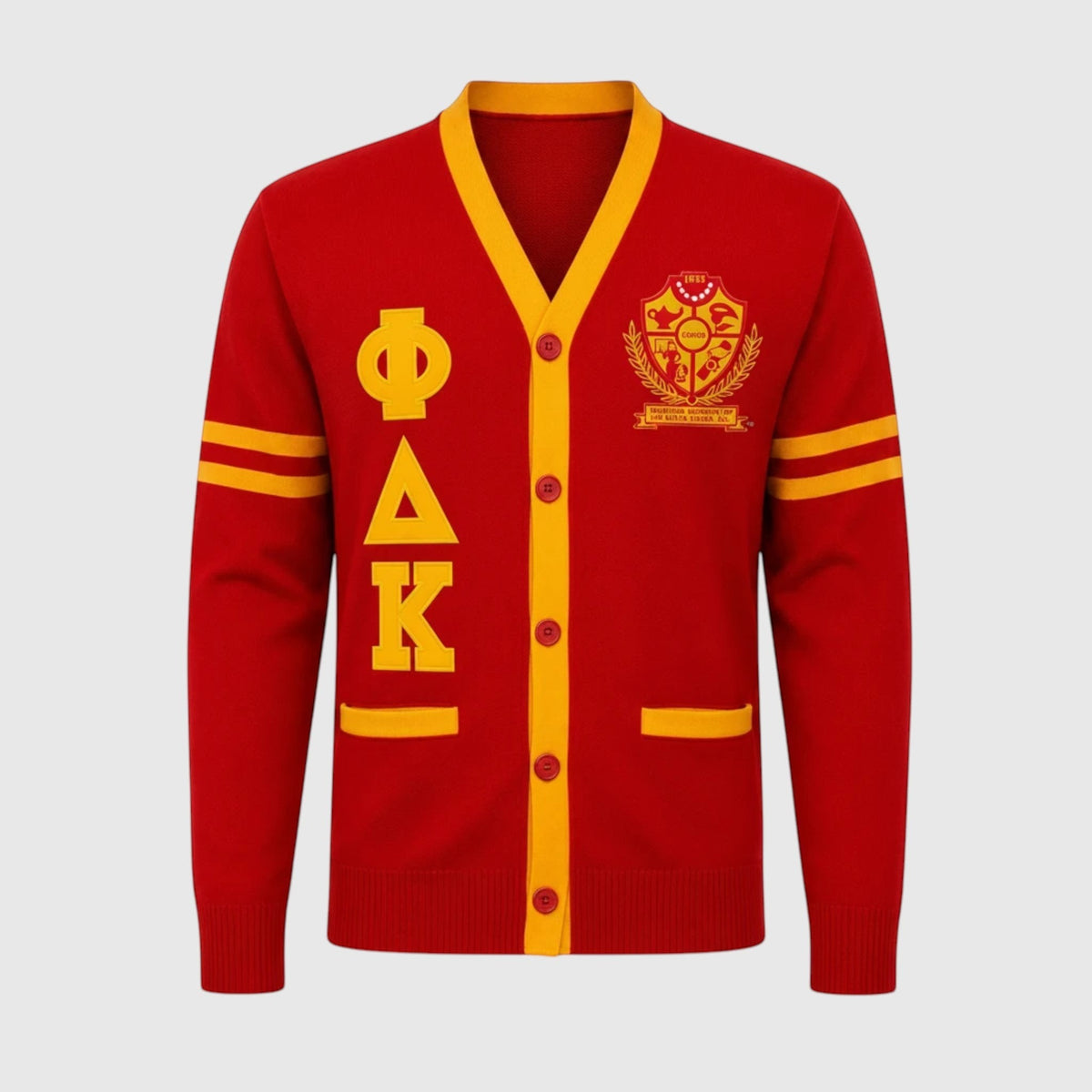 Pat Goffe Collections red and gold knit cardigan with striped sleeves and Greek letter embroidery