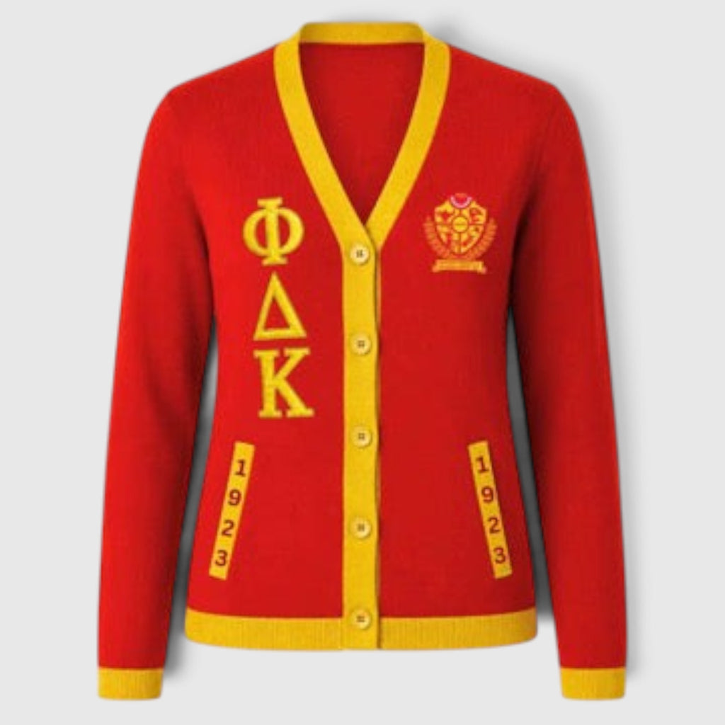 Pat Goffe Collections red and gold knit cardigan with Greek letters, 1923 pocket detail, and button-up front.