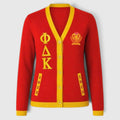 Pat Goffe Collections red and gold knit cardigan with Greek letters, 1923 pocket detail, and button-up front.