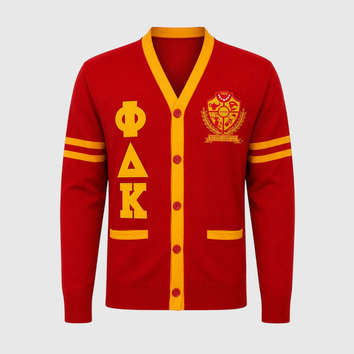 Pat Goffe Collections red and gold knit cardigan with striped sleeves and sorority embroidery on a light background