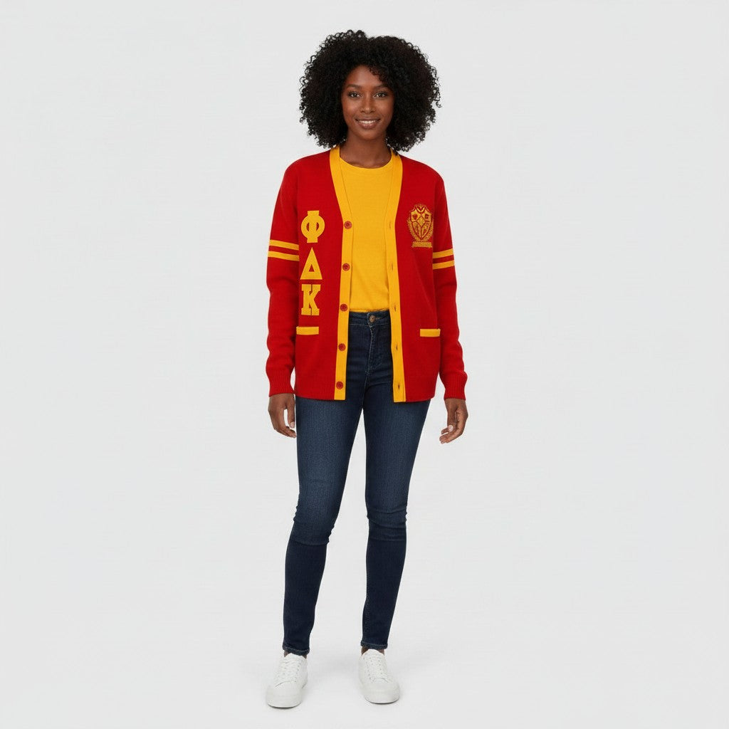 Pat Goffe Collections red and gold knit cardigan with Greek letters and striped sleeves worn by a model