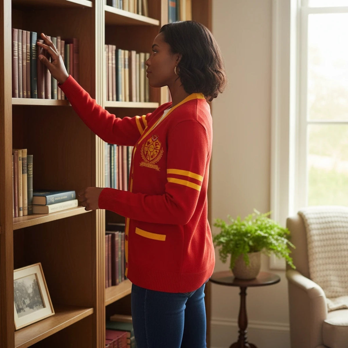 Pat Goffe Collections red and gold knit cardigan with striped sleeves worn by a woman in a library
