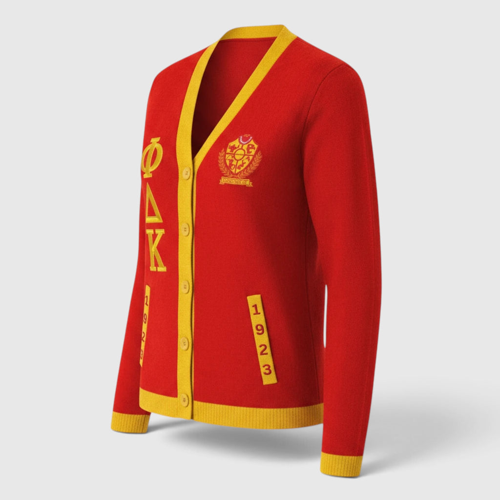 Pat Goffe Collections red and gold knit cardigan with 1923 pocket detail and Greek letter embroidery