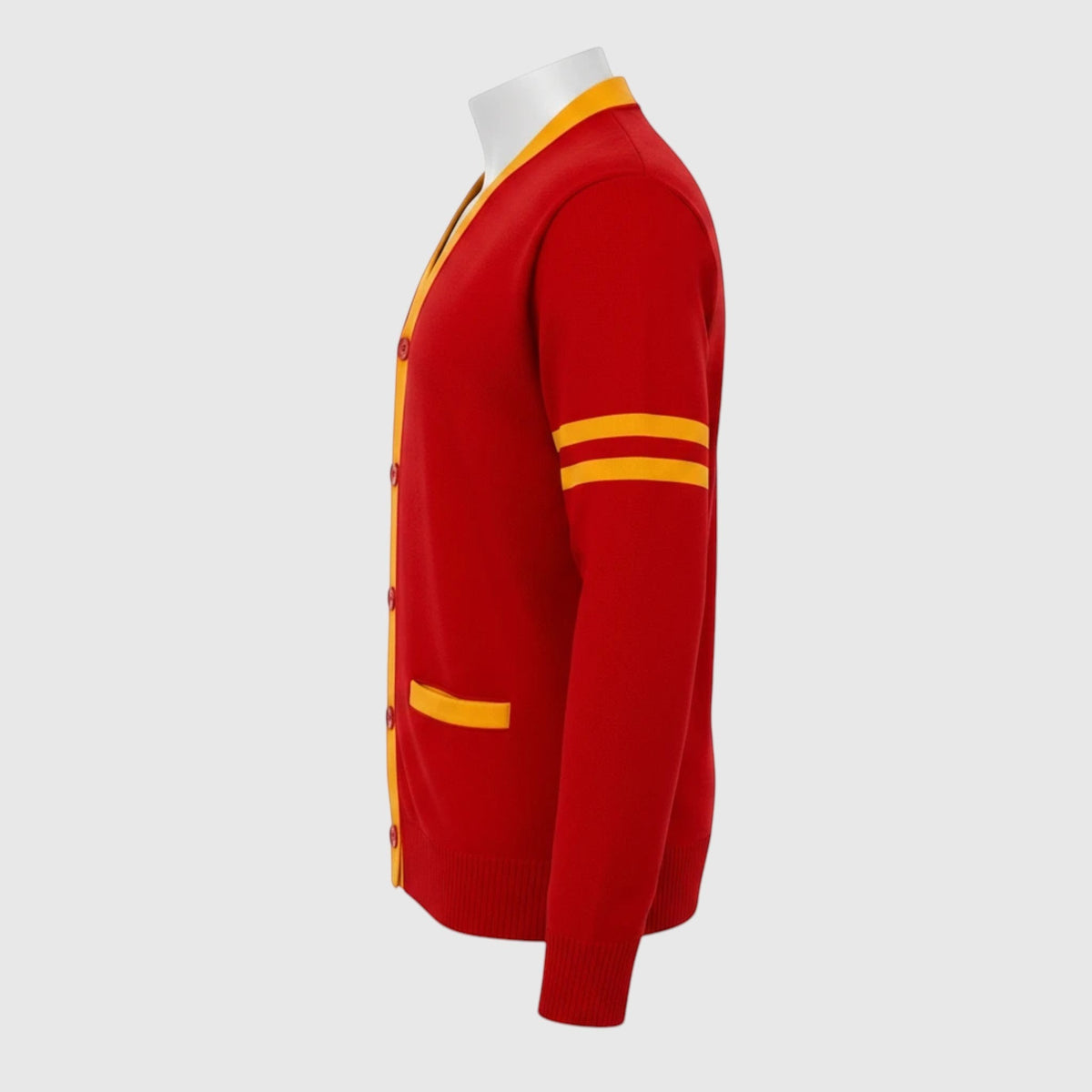 Pat Goffe Collections red and gold soft knit cardigan with striped sleeves and button-up front, side view