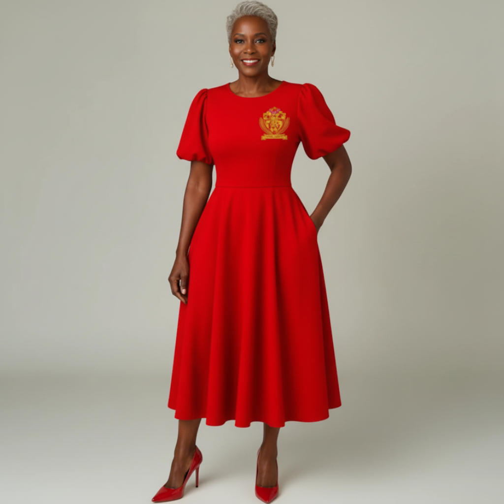 Pat Goffe Collections red fit-and-flare midi dress with flutter sleeves, waist belt, and embroidered NSPDK crest.
