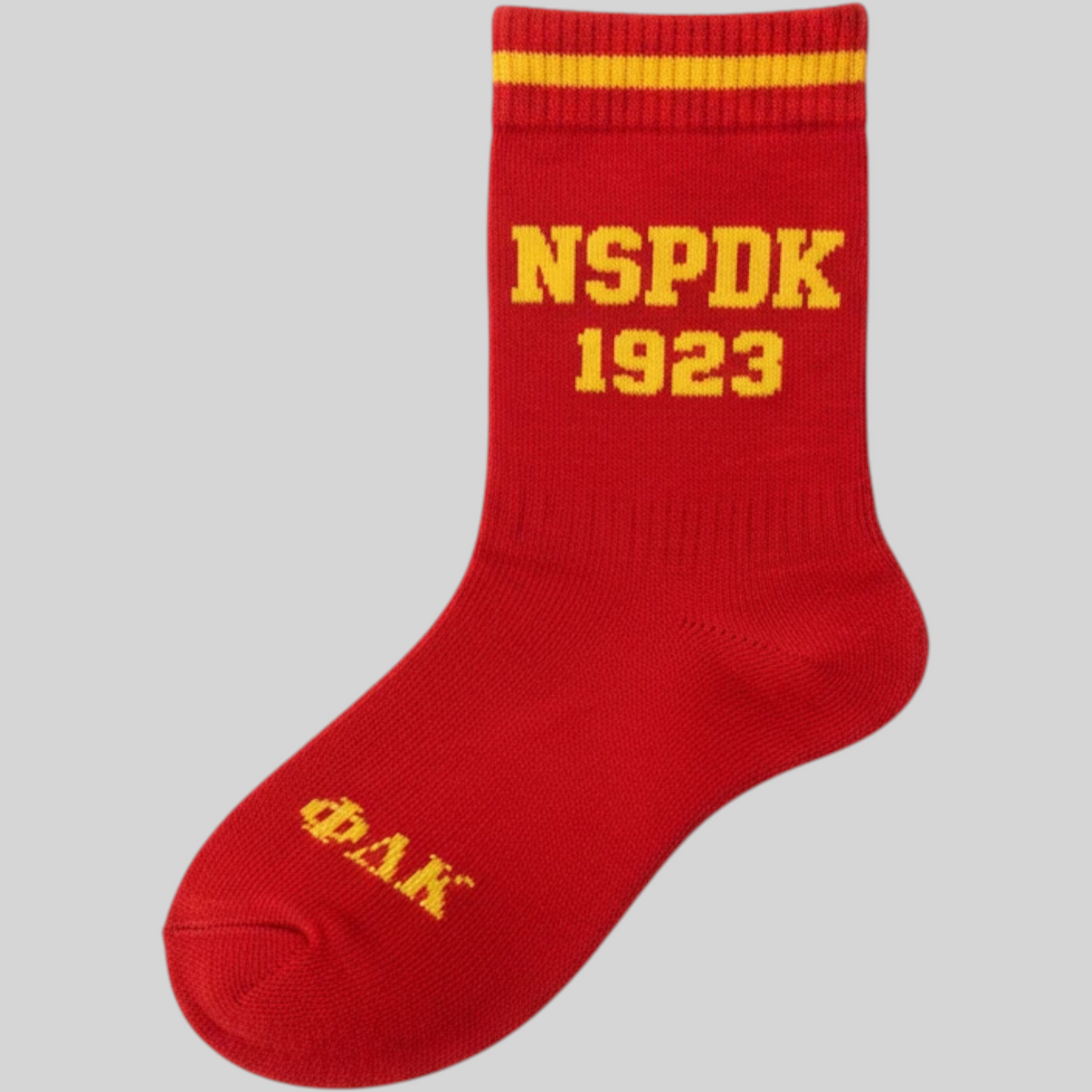 Pat Goffe Collections red crew socks with yellow NSPDK 1923 lettering and ΦΔΚ Greek letters on the foot