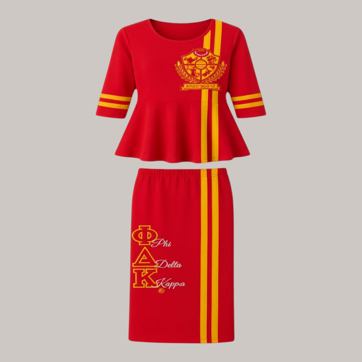 Pat Goffe Collections red and yellow three-quarter sleeve peplum top and matching skirt with Phi Delta Kappa embroidery