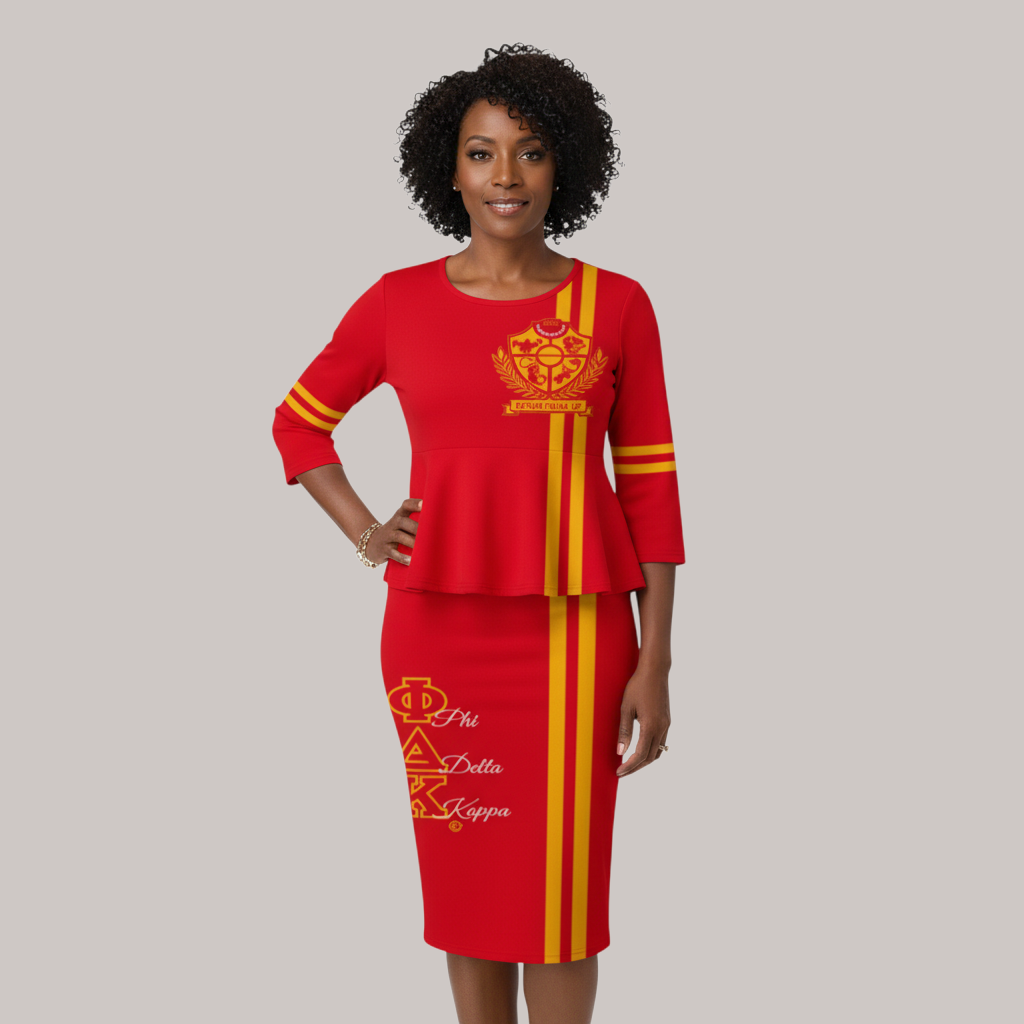 Pat Goffe Collections red three-quarter sleeve peplum top and matching pencil skirt with yellow sorority embroidery