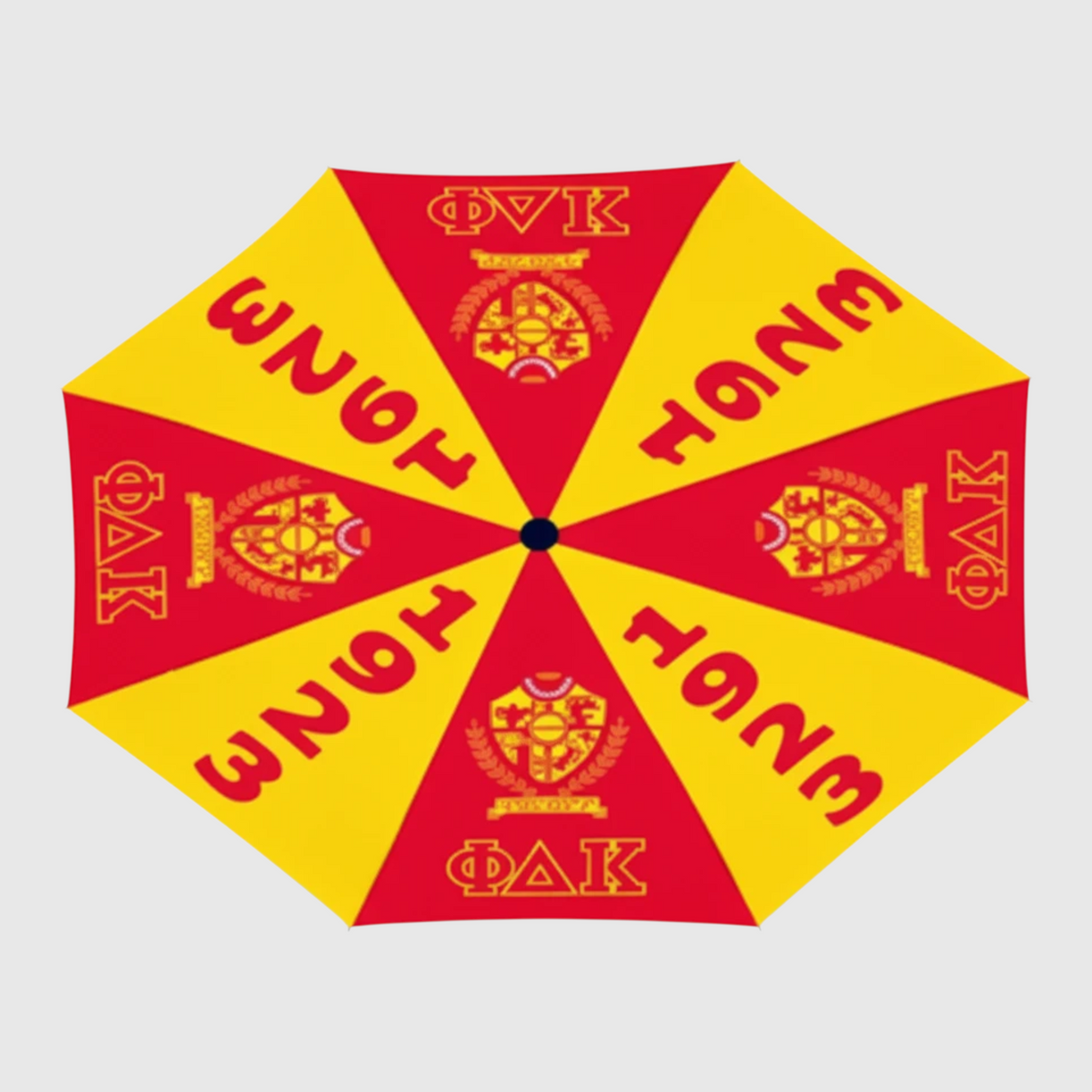 Pat Goffe Collections red and yellow umbrella featuring bold ΦΔΚ graphics, NSPDK lettering, and a shield emblem.