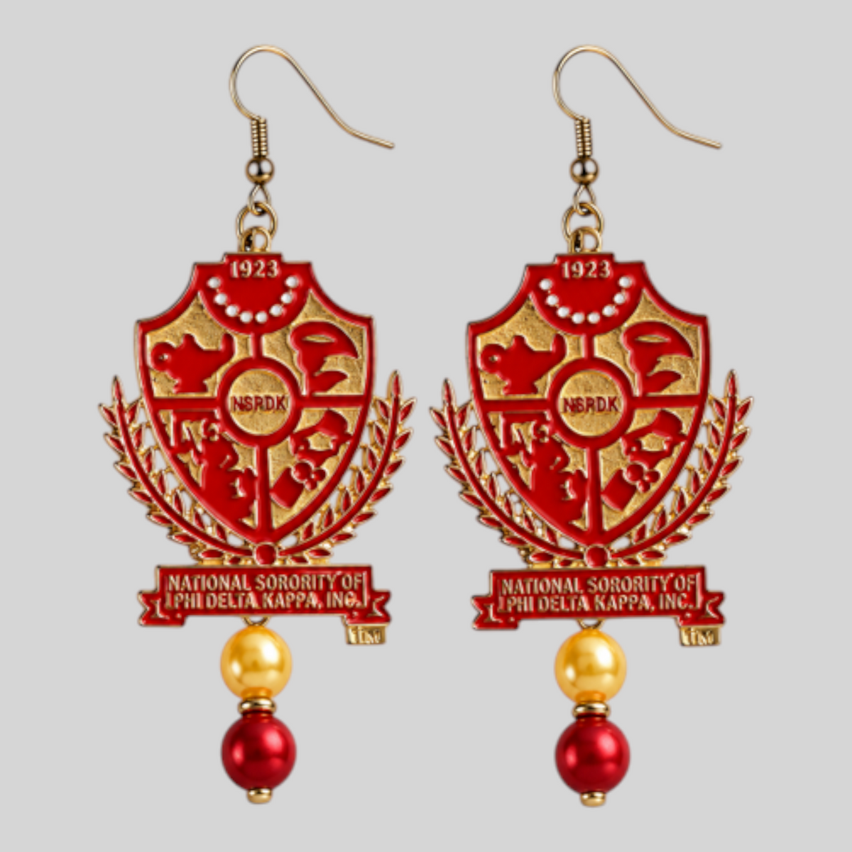Pat Goffe Collections Shield Pearl Bead Earrings featuring red and gold Phi Delta Kappa sorority crests with beads.
