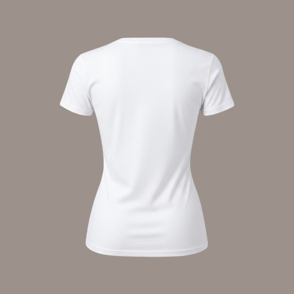 Back view of Pat Goffe Collections white crew neck short sleeve t-shirt in soft breathable fabric