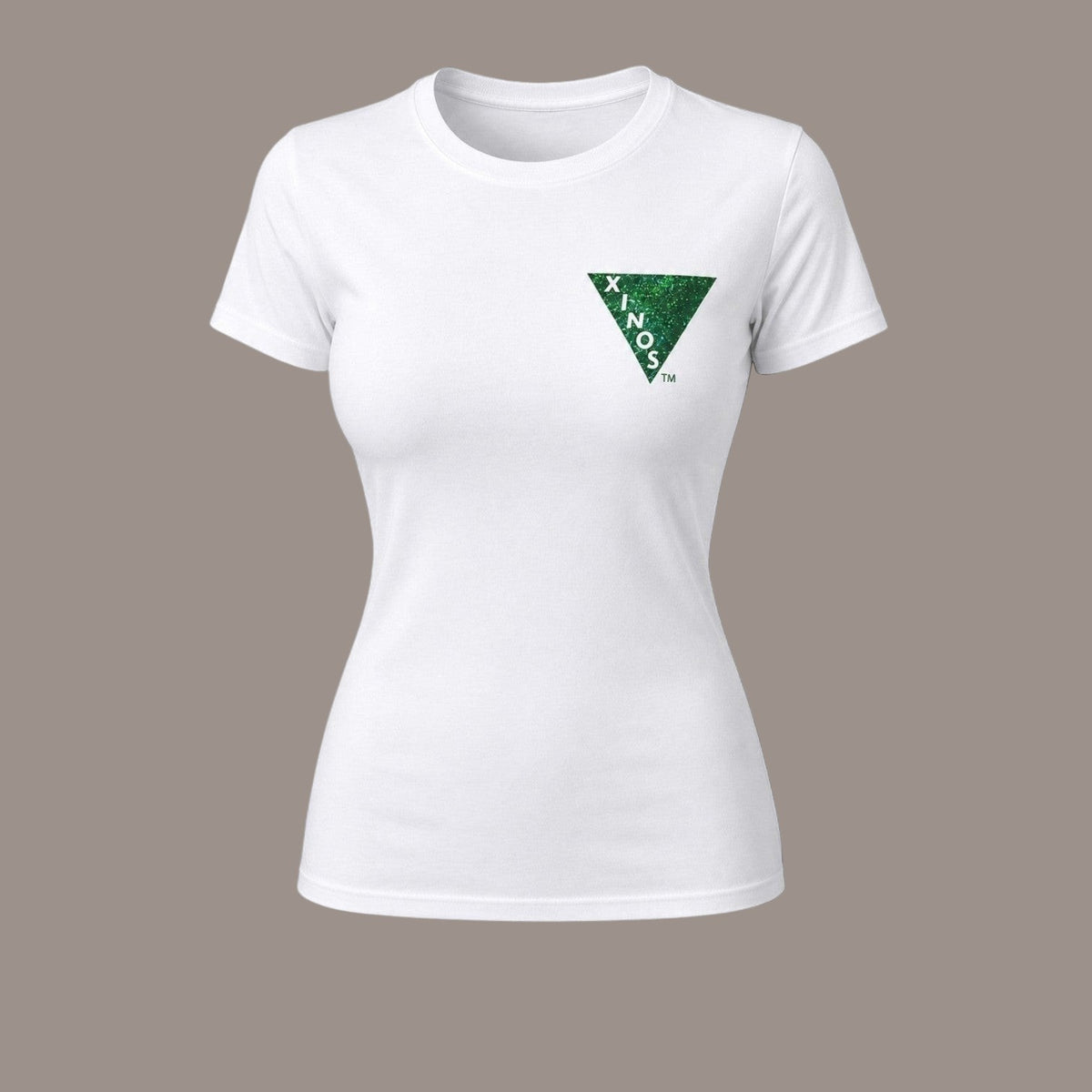 Pat Goffe Collections white crew neck t-shirt with a green triangular XINOS graphic on the chest