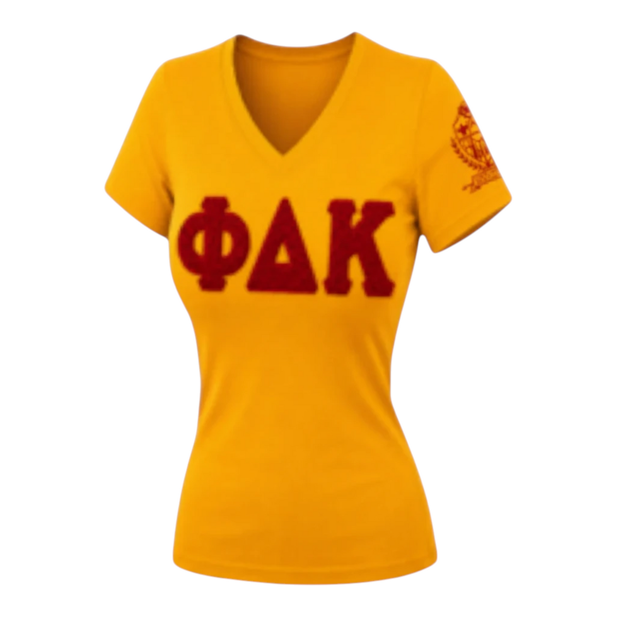 Pat Goffe Collections yellow v-neck tee with dark red chenille ΦΔΚ lettering on the chest and sleeve embroidery.