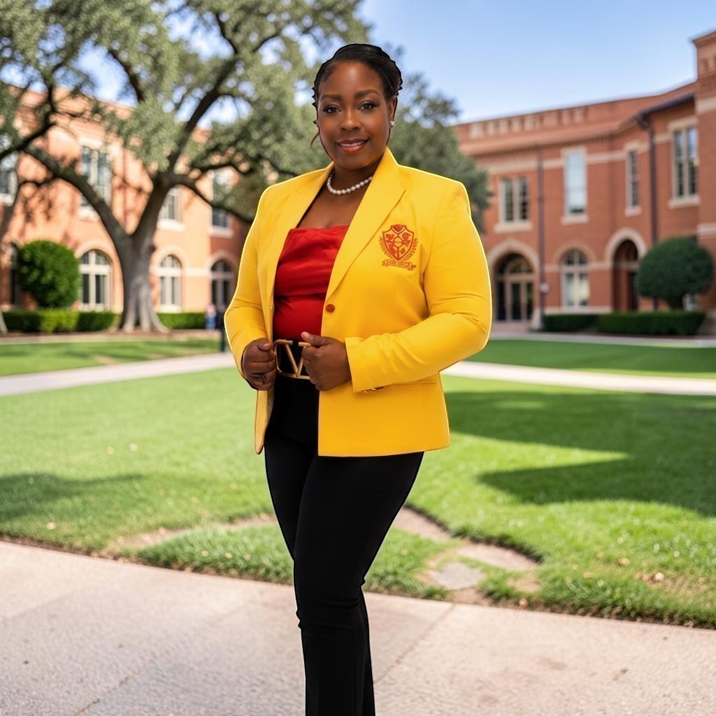 Pat Goffe Collections yellow tailored blazer with NSPDK crest embroidery worn by a woman on a university campus.