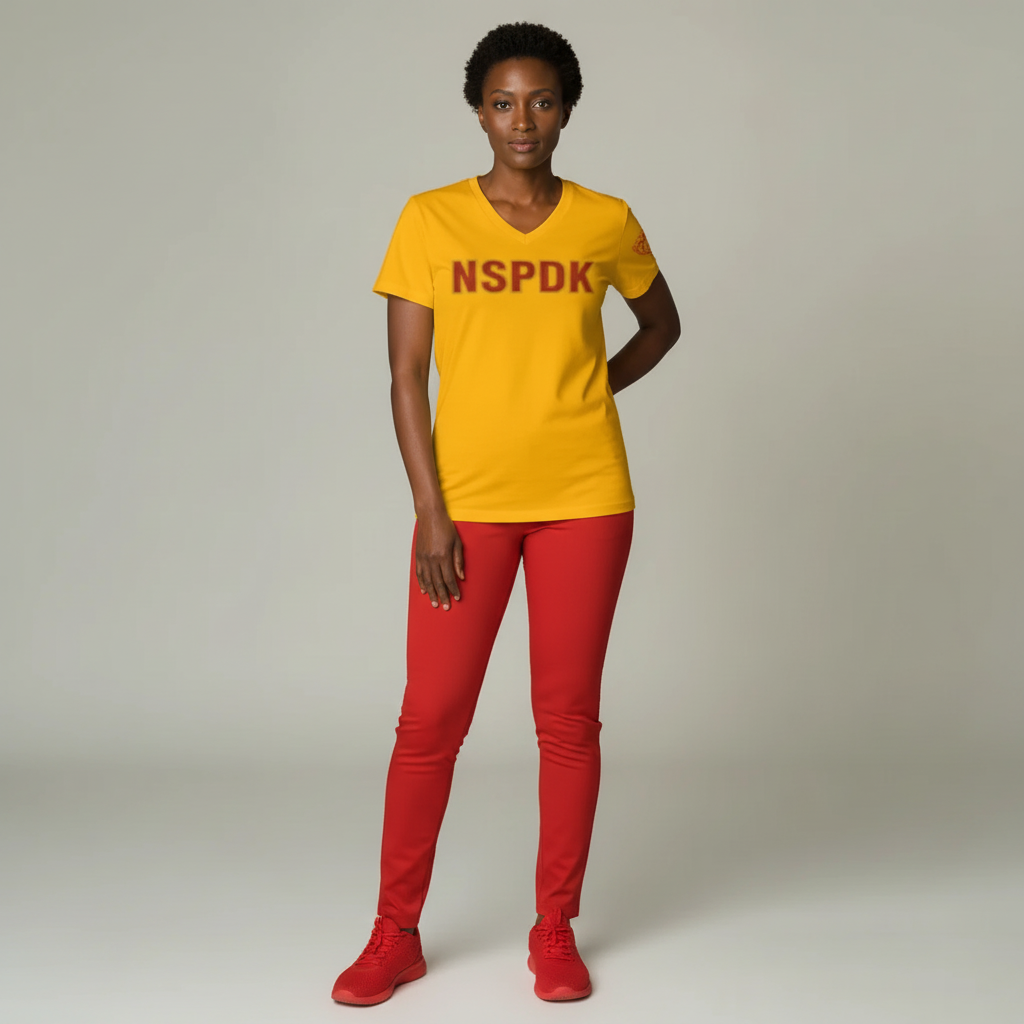 Pat Goffe Collections yellow v-neck t-shirt with glitter NSPDK lettering and rhinestone outline on a female model.