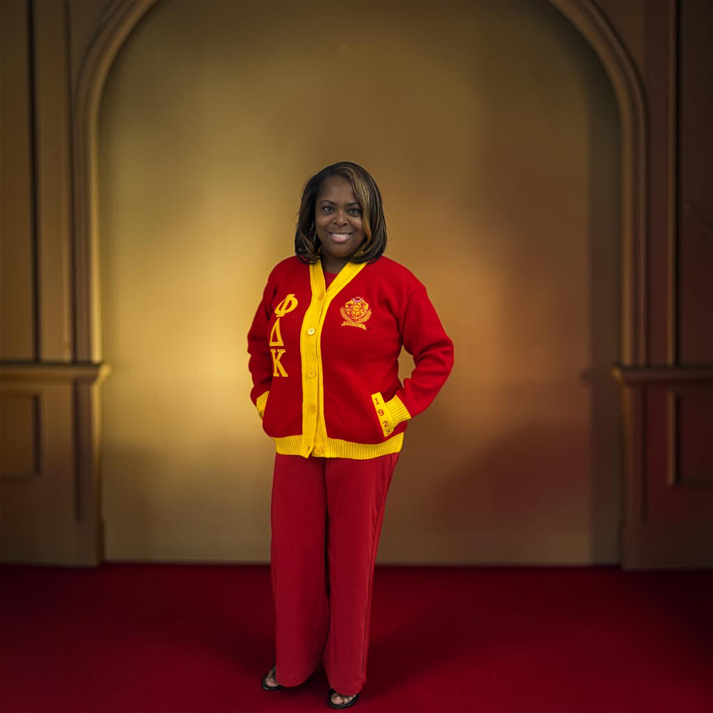 Red & Gold Cardigan, "1923" Pocket